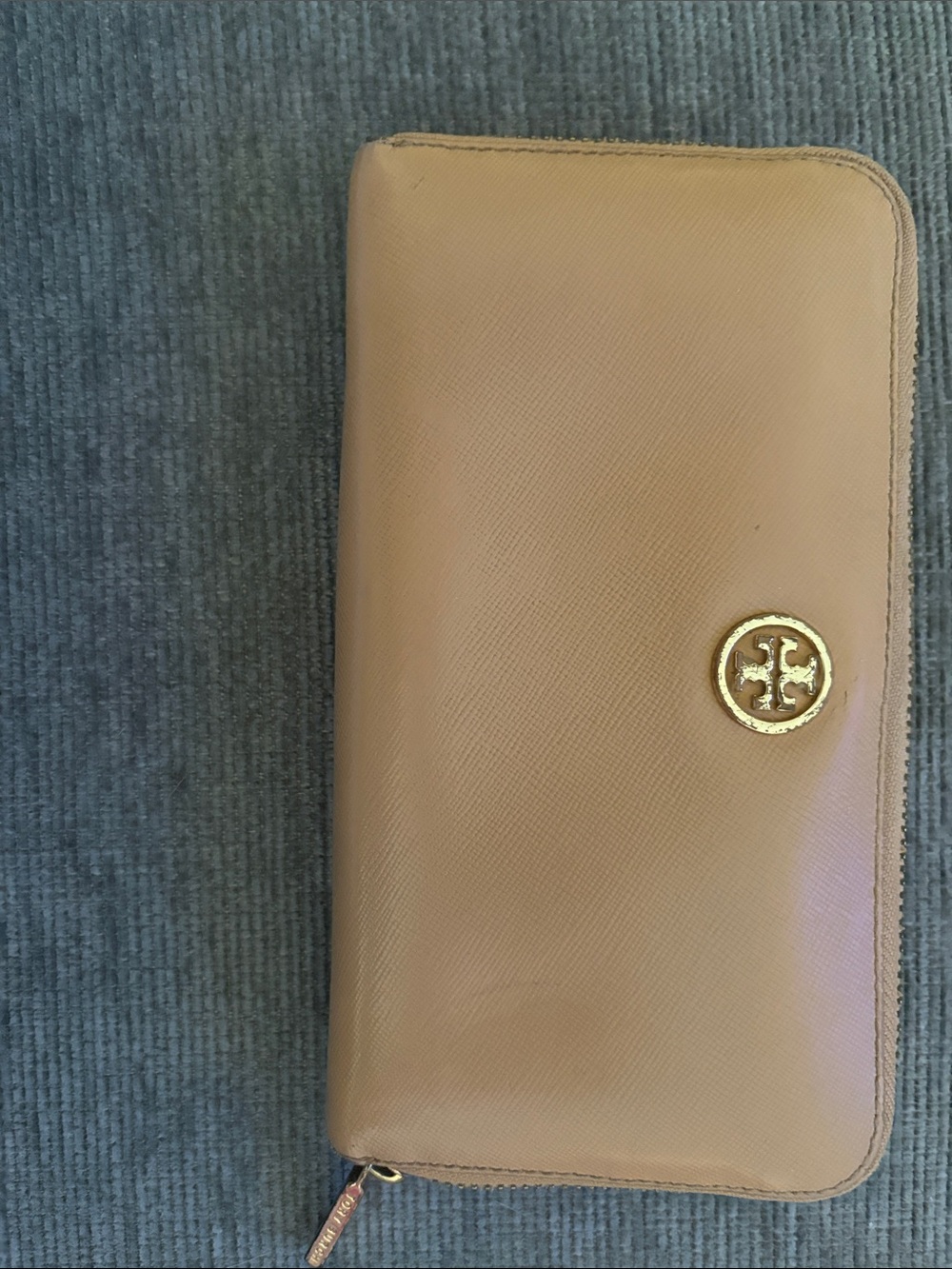 Tory Burch Tan Zip-Around Wallet with Gold Emblem